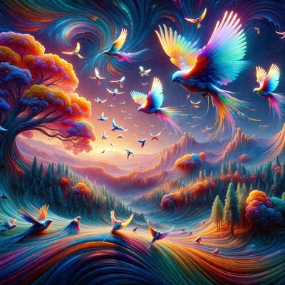 The primary subject of the image is a vibrant and colorful bird, which is flying in a lush, colorful forest. The setting is a beautiful, colorful landscape with trees and birds, creating a serene and lively atmosphere. The visual style is a digital art or illustration, showcasing the artist's creativity and skill in capturing the bird's movement and the surrounding environment. The colors and mood of the image are predominantly warm and inviting, with a sense of freedom and joy